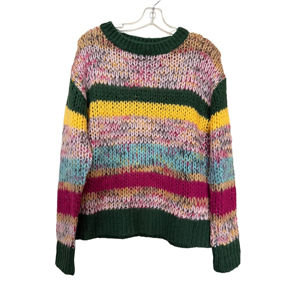 Heartloom Womens Multi Color Striped Chunky Knit Crewneck Sweater Small Green